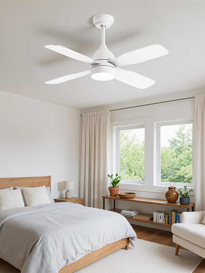 42 Inch Ceiling Fans with Lights: Ceiling Fan with 4 Dual Sided Fan Blades, Remote and App Control, 6 Wind Speed, Reversible DC Motor, 3CCT Dimmable LED, Small White Ceiling Fan for Bedroom