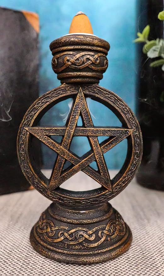 Ebros Gift Witchcraft Wicca Sacred Pentacle Pentagram Circle with Celtic Knotwork Backflow Incense Cone Burner Holder Figurine Halloween Occult Mystical Home Aromatherapy Accessory