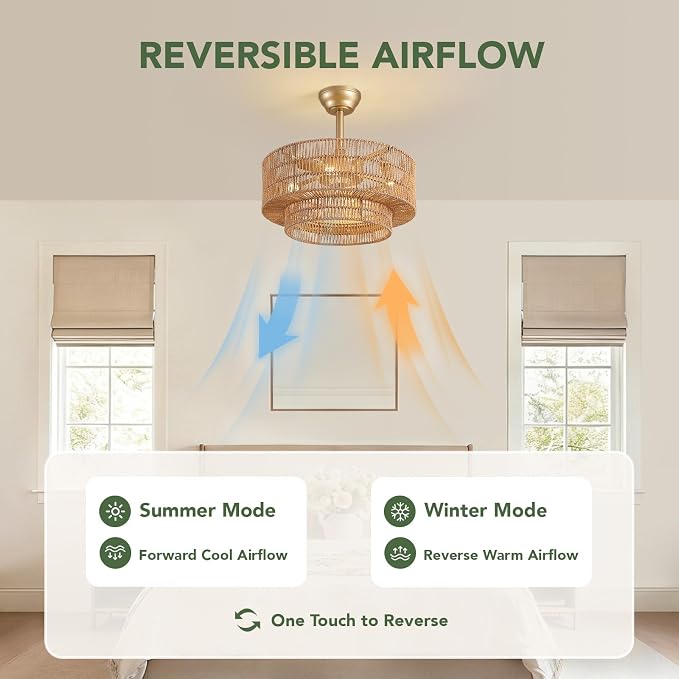 20" Boho Ceiling Fan Light and Remote, Rattan Ceiling Fan light Caged Fandelier with Lights Flush Mount, 6 Wind Speeds Enclosed Ceiling Fan for Bedroom, Living Room, Dining Room