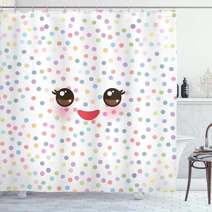 Ambesonne Eyelash Shower Curtain, Kawaii Funny Muzzle Pastel Tone Cheeks and Eyes on Colorful Polka Dots Backdrop, Cloth Fabric Bathroom Decor Set with Hooks, 69" W x 84" L, Brown Multicolor