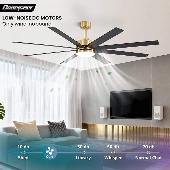 72 Inch Ceiling Fans with Lights and Remote, Dual Color 8 Blades, Living Room Office Library Cafe Indoor Outdoor Industrial, 3CCT Dimmable, 6 Speed Reversible Quiet DC Motor, Gold/Wood Grain