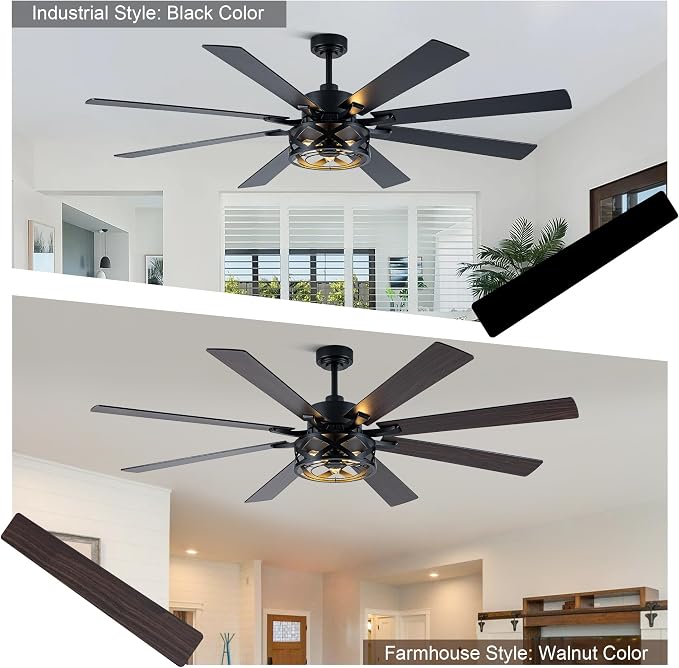 72" Farmhouse Ceiling Fan with Lights and Remote Rustic Fandelier | Black Caged Fandalier Ceiling Fan, Industrial Chandelier for Living Room Large Bedroom, Quiet DC Motor 8 Reversible Blades