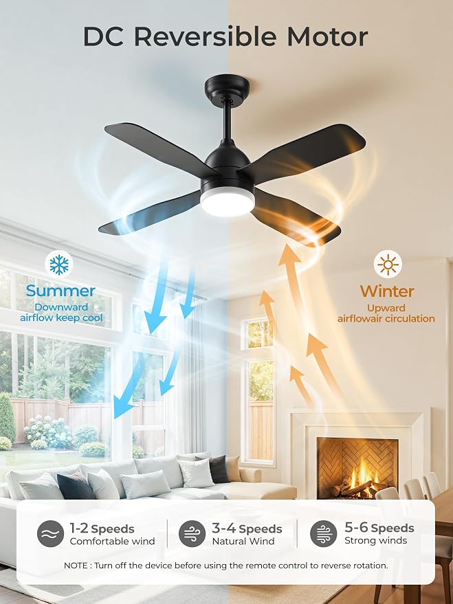 42 Inch Ceiling Fans with Lights: Ceiling Fan with 4 Dual Sided Fan Blades, Remote and App Control, 6 Wind Speed, Reversible DC Motor, 3CCT Dimmable LED, Small Black Ceiling Fan for Bedroom