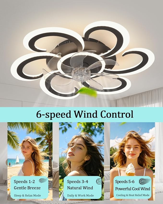 24" Black Flower Ceiling Fan with Light Remote Control, 3 Light Color 6 Speeds Flush Mount Low Profile Ceiling Fan for Bedroom Kitchen