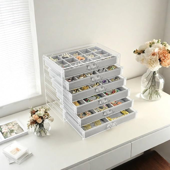 Watpot Acrylic Jewelry Box Organizer and Storage 6 Drawer for Earring Display Gray