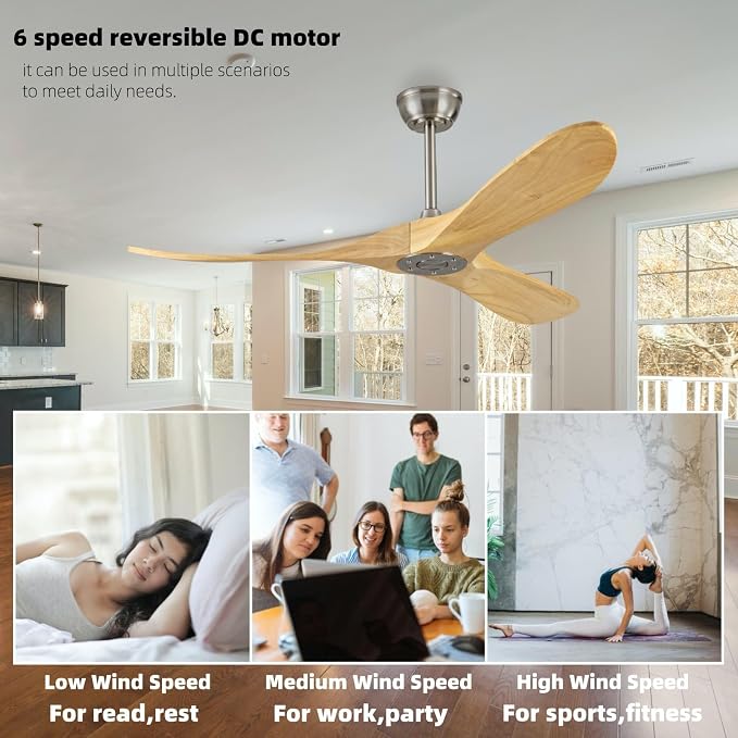 52 Inch Ceiling Fan No Light,Solid Wood Ceiling Fan Without Light, 3 Wood Blades 6 Speeds Smart Timing Reversible DC Motor, Modern Fans for Indoor Outdoor Farmhouse Patios