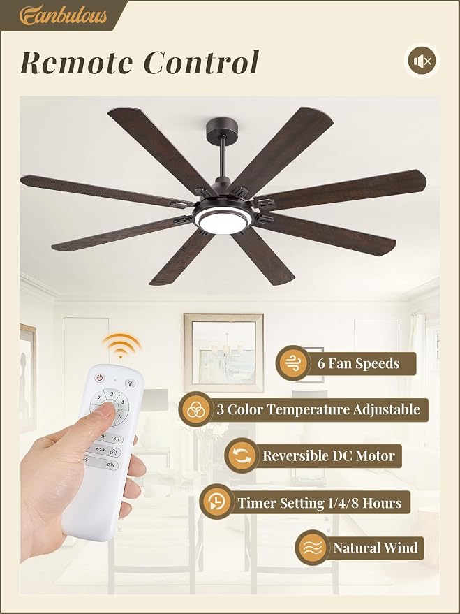 Fanbulous 72 Inch Ceiling Fans with Lights and Remote, Oil Bronze Ceiling Fan with 8 Dual-Color Blades, Indoor/Outdoor Large Ceiling Fans, Reversible DC Motor, 6-Speed, 3CCT for Living Porch Patio