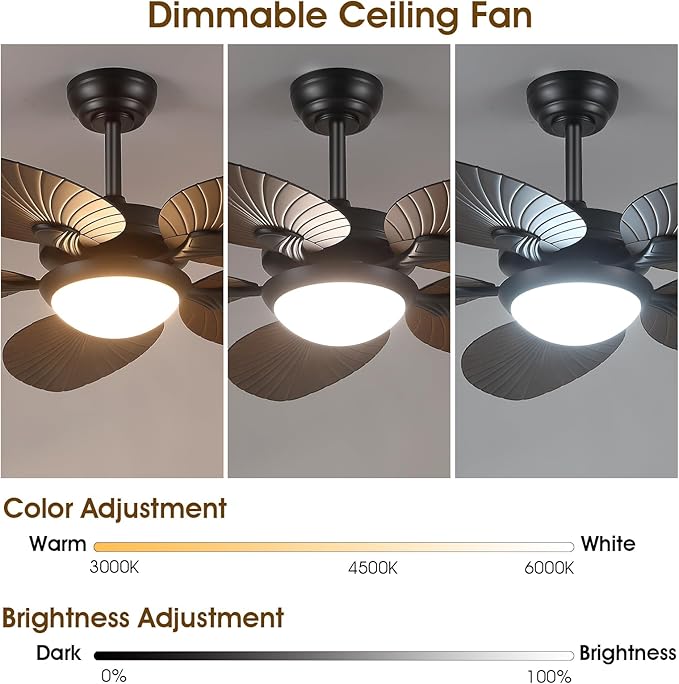 Wiviniya Tropical Ceiling Fans with Lights, 44 Inch Palm Leaf Outdoor Ceiling Fan with Light for Patios Porch Bedroom, Remote/APP Control, Reversible Quiet DC Motor, Dimmable LED, Brown