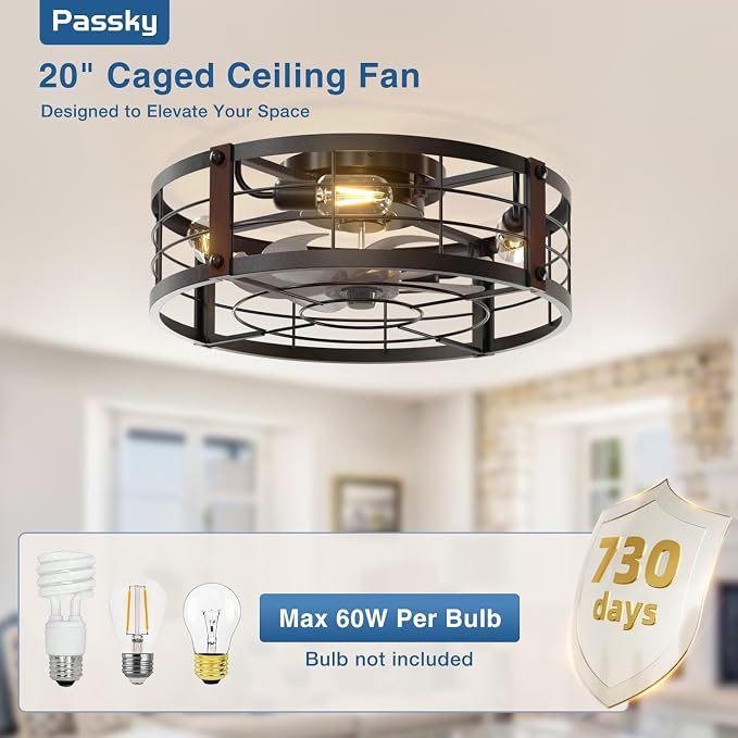 Passky 20" Farmhouse Flush Mount Ceiling Fans with Lights and Remote, Industrial Black Caged Low Profile Fandelier, 6 Speeds Bladeless Ceiling Fan for Bedroom, Kitchen, Living Room