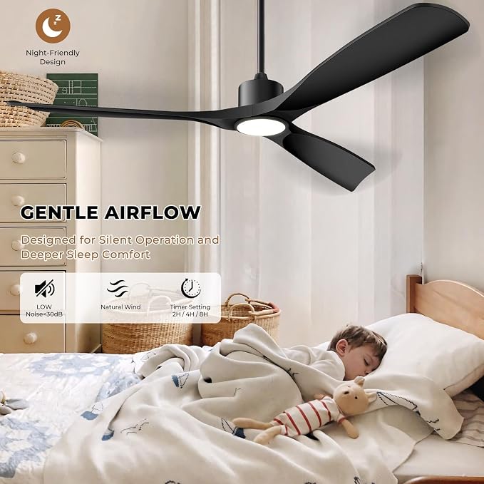 Ceiling Fans with Lights, Ceiling Fans with Lights and Remote Control, 52 inch Black Modern Smart Ceiling Fan with Light, Outdoor Ceiling Fans for Patios 3 Blade Bedroom Living Room（Black）