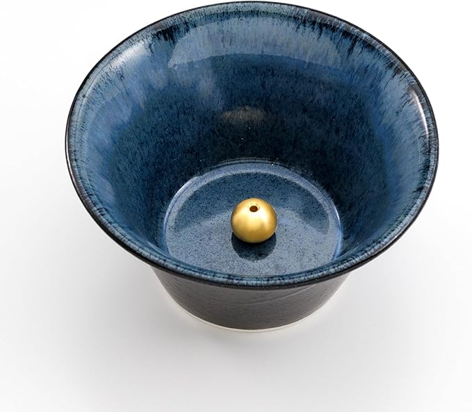 Asayu Japanese Incense Holder for Sticks 4.1 inch (105mm), Traditional Made in Japan Ceramic Ash Catcher and Brass Incense Burner Set - Black and Blue Cone