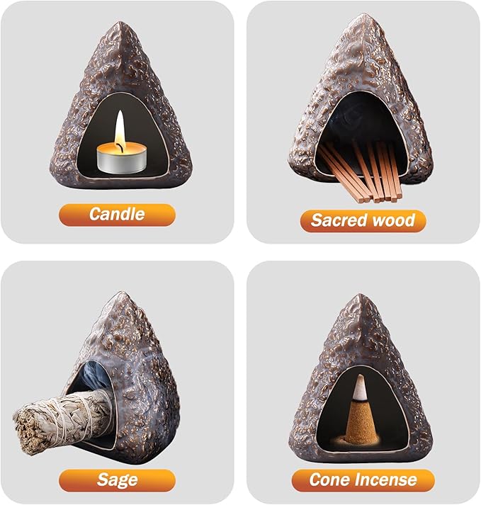 SAIBI Handmade Palo Santo Holder & Incense Cone Burner, Elegant Sage Smudging Accessory for Spiritual Rituals, Energy Cleansing, Meditation, Yoga & Aromatherapy, Thoughtful Gift (Triangular Volcano)