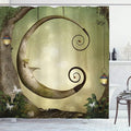 Ambesonne Cartoon Shower Curtain, Forest Secret Swing Old Tree Curly Half Moon Shaped Lamps Butterflies Print, Cloth Fabric Bathroom Decor Set with Hooks, 69" W x 75" L, Brown Khaki