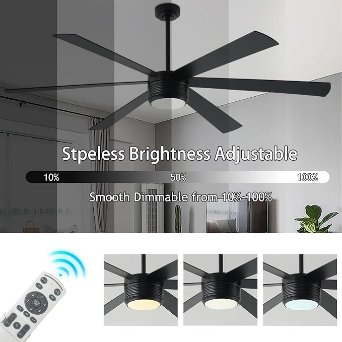SHOWDI Black Ceiling Fans with Lights and Remote, Quick Installation, 72 in | 2 Blade Color, Metal Material, App Remote Control, Timer, Reversible, 3CCT, Dimmable for Bedroom, Living room, Indoor
