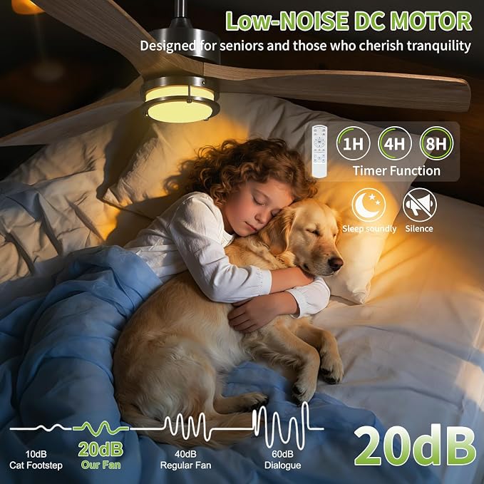 52 Inch Ceiling Fans with Lights and Remote Control, 3 Blade Ceiling Fan with Light for Bedroom Living Room Indoor Outdoor Patio, Reversible, 3CCT, Dimmable, Noiseless DC Motor, Nickel & Natural Wood