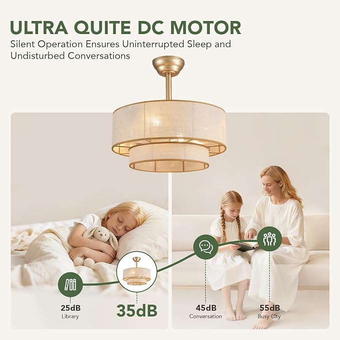 20" Boho Ceiling Fan Light and Remote, Fabric Chandelier Ceiling Fan Light, Caged Fandelier with Lights Flush Mount, 6 Wind Speeds Enclosed Ceiling Fan for Bedroom, Living Room, Dining Room