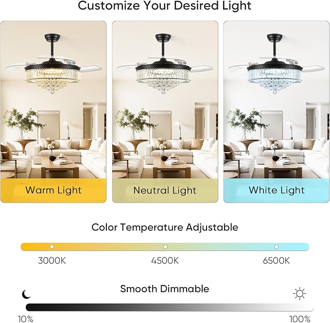 FIDGRA 52 Inch Fandelier Ceiling Fan with Light, Retractable Chandelier Fan, 3 Color Temperature, 6 Wind Speed, Crystal Ceiling Fan for Bedroom Living Room Dining Room-Black