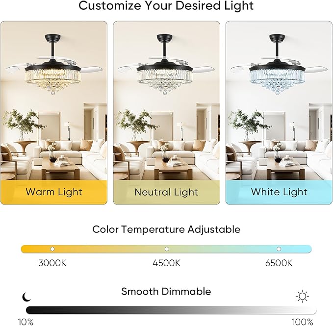 48 Inch Fandelier Ceiling Fans with Light, Chandelier Ceiling Fan, Retractable Ceiling Fan for Bedroom, Living Room, 3 Color Change, LED Dimmable, 6 Speeds, Reversible DC Motor- Black