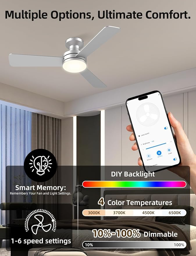 42" RGB Ceiling Fan with Light, Music Sync Smart Fan Works with Alexa/Google Assistant/App, Low Profile Flush Mount, 6-Speed Quiet DC Motor, 4 CCT Dimmable Lighting for Bedroom Living Room