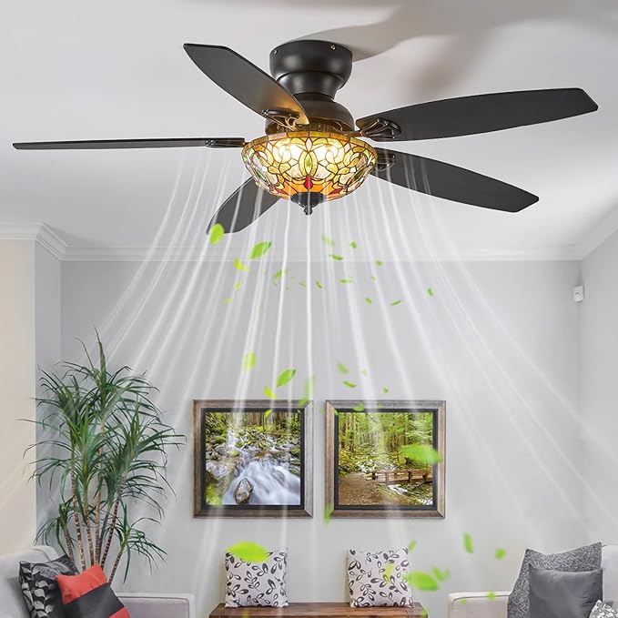 Ceiling Fans with Lights - 52" Ceiling Fan Chandelier with 5 Dual-Blades and Glass Shade, 6 Speeds and Reversible, Indoor and Outdoor, Retro Style