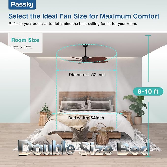 Passky Ceiling Fan No Light, 52 inch Tropical Ceiling Fan with Remote Control, Reversible, Super Quiet, High Quality DC Motor, Banana-leaf Shape Ceiling Fan for Bedroom, living room, Coverd Patio