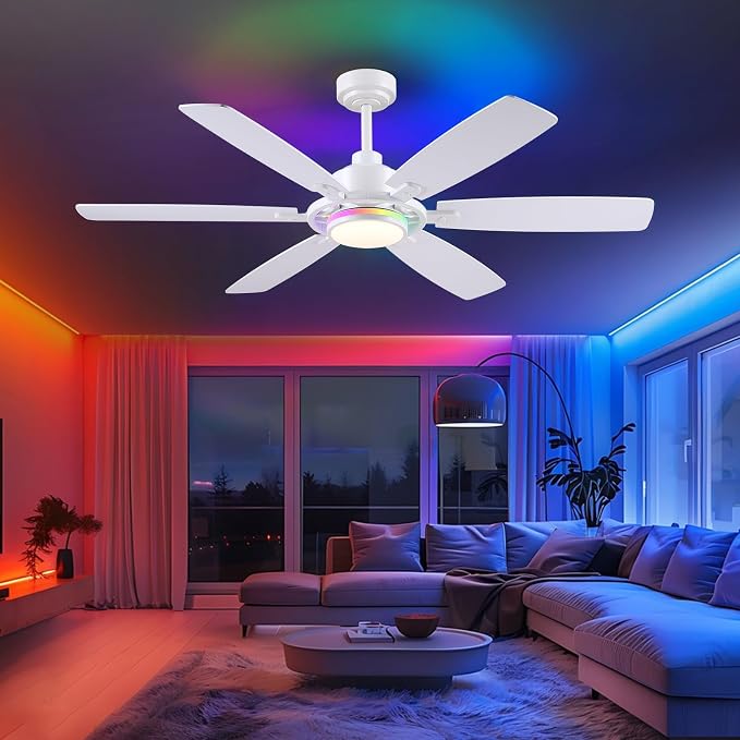 SHIHOT 54" Modern 6-Blade White RGB Ceiling Fans with Lights and Remote | 14 RGB Modes ,6 Wind Speeds, Reversible, Dimmable 3 CCT LED, 30W Quiet DC Motor,6 Double-Sided Blades,for Bedroom Kidsroom