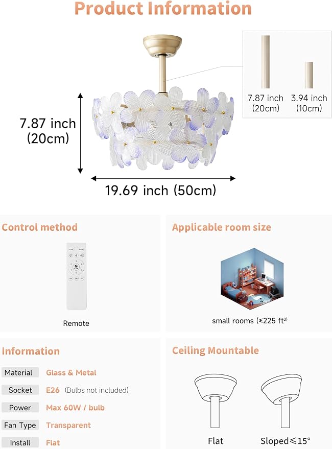 Gold Crystal Fandelier Ceiling Fans with Lights, 20" Gold Flower Chandelier Ceiling Fan with Light Remote Control, Caged Mid Century with 6 Speeds for Bedroom, Nursery, Living Room (Purple)
