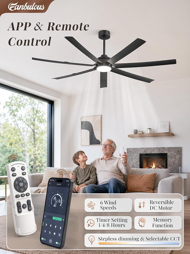 Fanbulous 66" Ceiling Fans with Lights and Remote, APP Control, 6 Speeds, Dimmable, 3CCT, Black Modern Ceiling Fan with Quiet Reversible DC Motor, Indoor/Outdoor Ceiling Fan for Living Room Patios