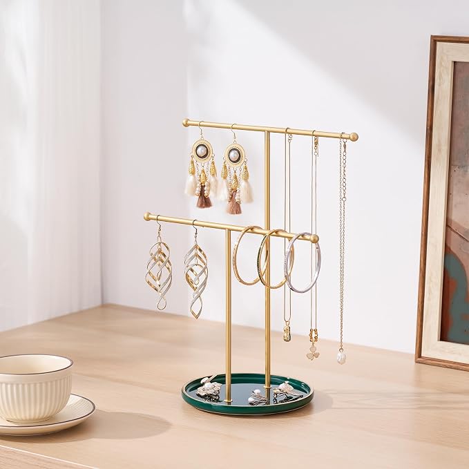Jewelry Stand with Ceramic Tray, Necklace Holder, Gold Bar Green Base | Ceramic Base, Gift for Women & Girls, Hanging Necklace Organizer Tree, Earrings, Bracelets, Rings, small