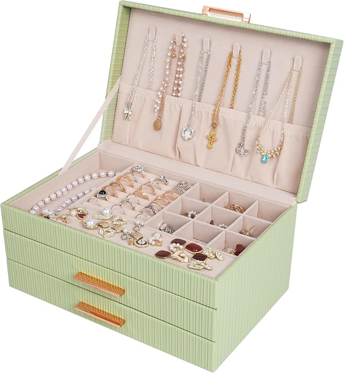 Dajasan Jewelry Box Organizer, 3-Tier Jewelry Storage with 2 Drawers, Large Jewelry Boxes for Women, PU Leather Surface with Texture, Gift Idea, Modern Style, 10.71 x 7 x 5.6 Inches (Avocado Green)