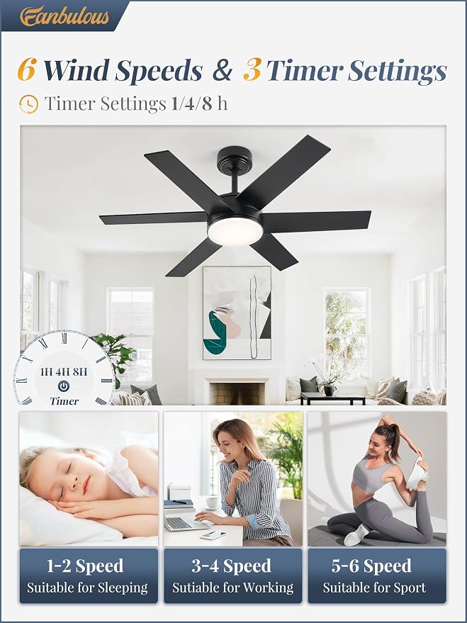 Fanbulous 42'' Ceiling Fan with Lights and Remote, Reversible 6 Blades & Dimmable 3-Color Modern Fan for Patios, DC Motor Large Ceiling Fan for Indoor or Outdoor, Black