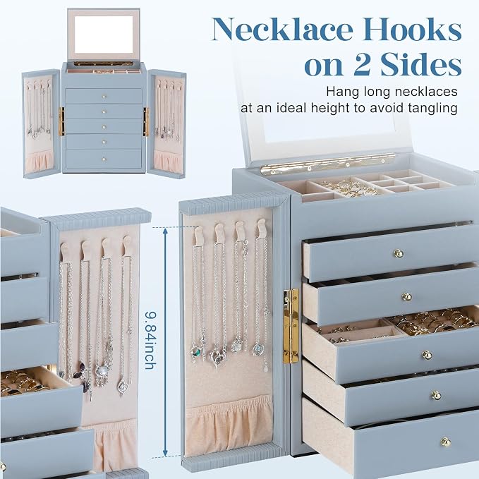Dajasan Large Jewelry Organizer Box, 6-Tier Jewelry Storage Case with 5 Drawers, Jewelry Boxes for Women Girls with Mirror, Double Door, Textured PU Leather, Gift Idea, Stylish (Blue + Gold)