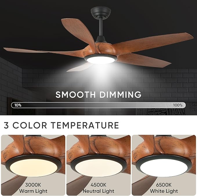 54'' Ceiling Fans with Lights, Indoor/Outdoor Modern Ceiling Fan with Remote, ABS Plastic Blades, Reversible DC Motor, 6 Speeds, 3 Color Lights, ETL Listed, for Bedroom Living Room (Brown)