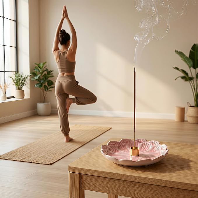 Pinehaven Ceramic Lotus Incense Holder – 5.5 Inch Hand-Sculpted Tray with Built-in Ash Catcher, Brass 9-Hole Insert for Sticks, Palo Santo, Sage & Cones – Japanese Zen Home Décor for Meditation