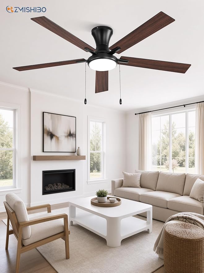 ZMISHIBO Ceiling Fans with Lights, Low Profile Ceiling Fan with Pull Chain and Remote Control, Flush Mount, Reversible, Dimmable, Noiseless, White Pull Cord Ceiling Fan for Bedroom(60inch Black)