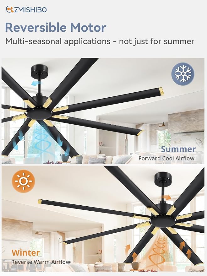 ZMISHIBO 84 Inch Industrial DC Motor Ceiling Fan, Large Ceiling Fan with 8 Reversible Blades, 3 Downrods, 6-Speed Remote Control, Home or Commercial Ceiling Fans for Porch/Garage/Shop, Black and Gold