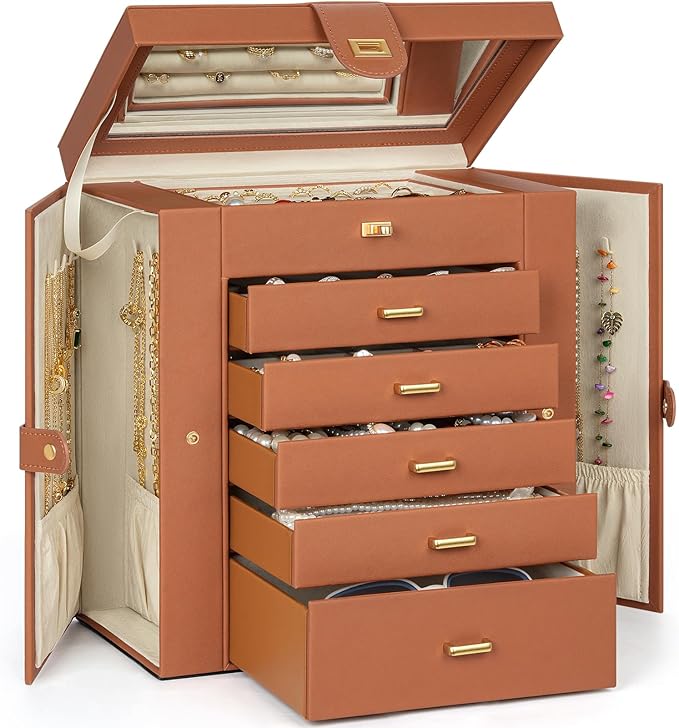 AKOZLIN 6-Tier Jewelry Box Organizer Functional 5 Drawers Leather Jewelry Storage Case for Women Girls Ring Necklace Earring Bracelet Holder Organizer with Mirror Extra Large Orange