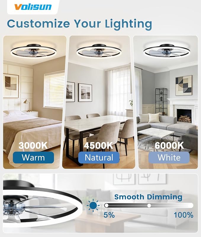 VOLISUN Low Profile Ceiling Fans with Light and Remote, No Assembly, 24in Fandelier Ceiling Fan with Lights, 3000K-6500K Dimmable Flush Mount LED Fan Light, Black Bladeless Ceiling Fans for Bedroom