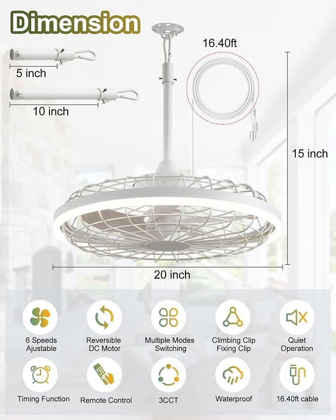 20" Gazebo Fan With Light Waterproof Ceiling Fan,5 Blade,Dimmable Color,3CCT,Alexa/Google,White Plug In Caged Outdoor Fan for Patio Backyard Family Reunions Parties