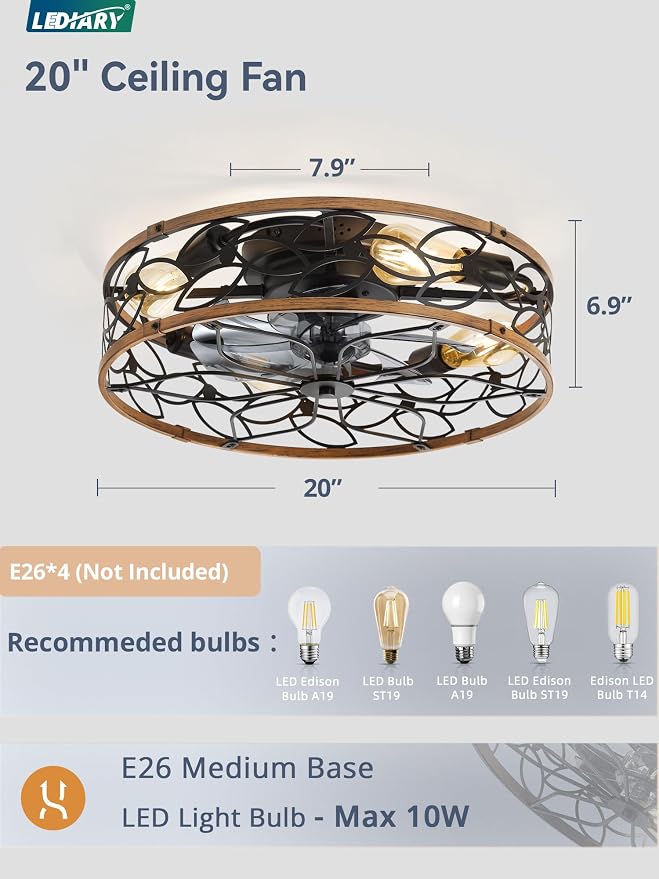 LEDIARY 20 Inch Caged Ceiling Fans with Lights, Farmhouse Flush Mount Ceiling Fan with Remote, Black&Walnut Low Profile Ceiling Fan Light Fixture for Bedroom, Kitchen, Dining Room