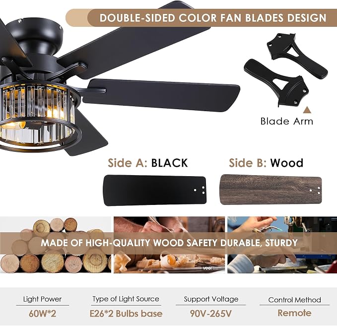 Hounberi 48" Flush Mount Ceiling Fan with Light and Remote, Black Industrial Caged Ceiling Fan with Dual-Finish 6 Blades, Reversible DC Motor, Farmhouse Crystal Ceiling Fan for Bedroom, Living Room