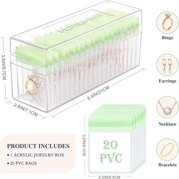HOMEHIVE Acrylic Jewelry Box Organizer, Clear Jewelry Organizer Holder with 20 Portable Anti Tarnish Jewelry bags, Travel Jewelry Case for Earrings/Rings/Necklaces for Women Girls, Green