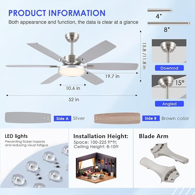 Hounberi 52 Inch Brushed Nickel Ceiling Fan with Light and Remote Control, Reversible DC Motor, Noiseless, Dimmable, 3CCT, 6 Speeds, Modern Ceiling Fan for Living Room, Bedroom, Indoor/Outdoor Use