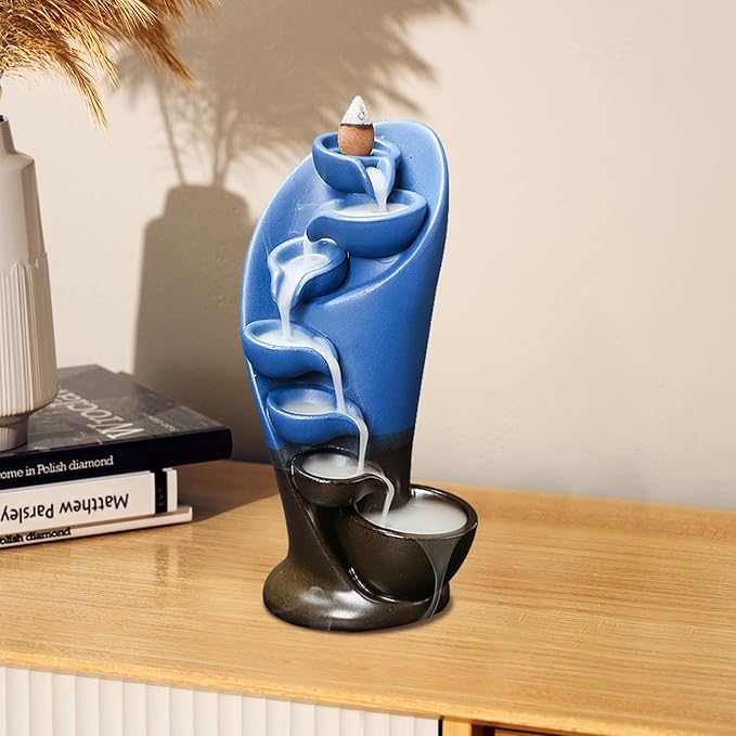 YYW Backflow Incense Burner Holder Handmade Statue Decor Fountain Waterfall Incense Holder with 20 Backflow Incense Cones 30 Incense Sticks 1 Tweezer 1 Mat for Indoor Meditation Yoga (Navy Blue)