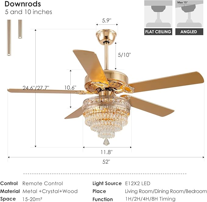 52"Golden Crystal Chandelier Ceiling Fans with Lights and Remote Control | Classical Design,6 Reversible Speeds,30W Quiet DC Motor,5 Wooden Blades,2*E12 LED Bulbs Included,for Living Room Bedroom