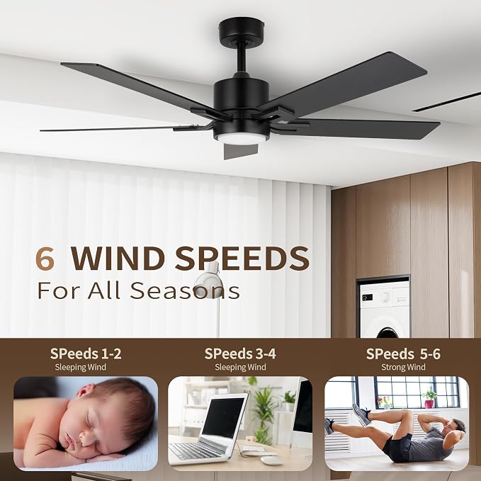 Ceiling Fan with Light for Bedroom: 52 Inch Modern Ceiling Fans with Dimmable Tri-Color Temperature LED - Quiet Reversible DC Motor - Indoor Outdoor Paito Sloped Roof Use (Matte Black)