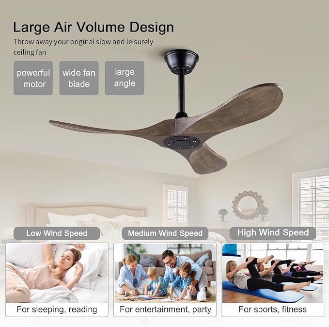 42 inch Ceiling Fans without Lights, Indoor/Outdoor Ceiling Fans no Light, 3 Solid Wood Blades, Ceiling Fan with Remote Control for Bedroom Patios Porch(Black+Apricot Grey)