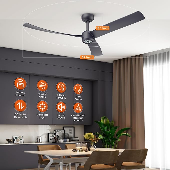 TALOYA 52 Inch Ceiling Fans with Lights Led Remote Control Flush Mount Low Profile for Living Room Bedroom Outdoor Patio,DC Motor,Reversible,Dimmable,Buzzer On/Off,3 Blades,Black