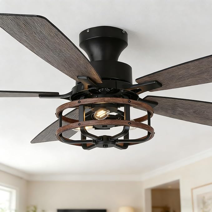 52" Flush Mount Farmhouse Ceiling Fan with Lights and Remote | Rustic Caged Fandelier Ceiling Fan, 5 Dual Blades Chandelier for Bedroom Living Room Dining Room, 3 E12 Bulbs (Not Included)