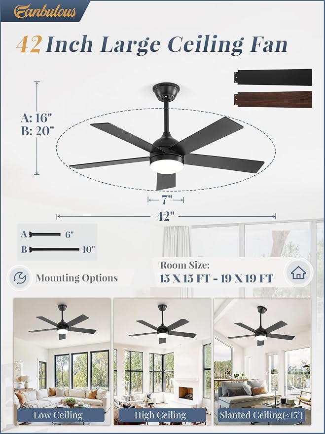 Fanbulous 42 Inch Ceiling Fan with Light and Remote, Black Ceiling Fans with Light, 5 Dual-Color Blades, Reversible Quiet DC Motor, 6 Speeds, 3CCT Adjustable LED for Bedroom Living Room Kitchen Patio